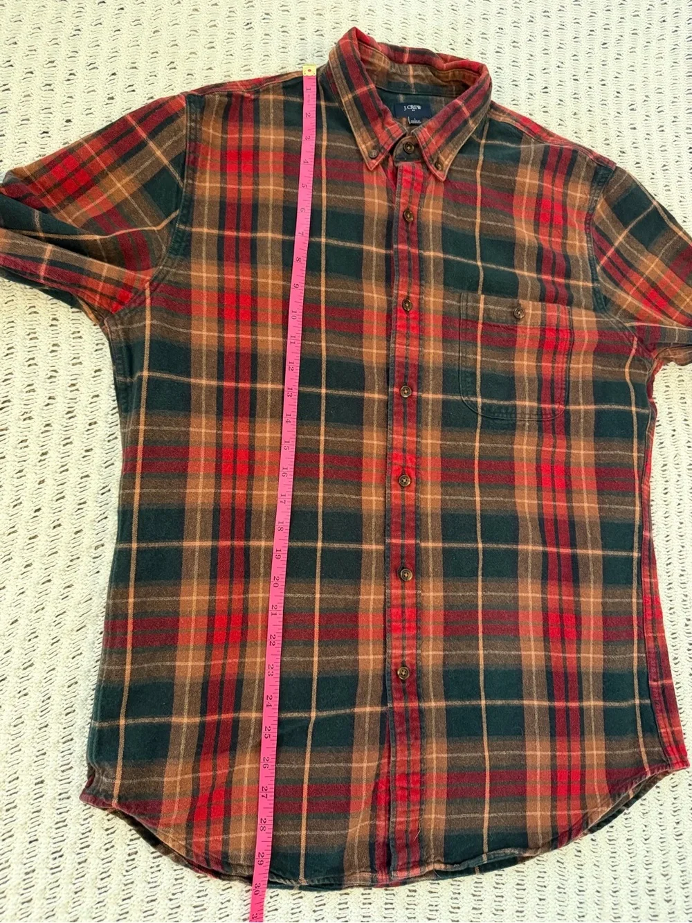 J.Crew EUC Cozy Red Green Plaid Elbow Patch Button-Down Long Sleeve Men’s Size L